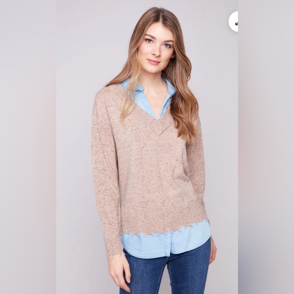 Charlie B V-Neck Fooler Sweater With Shirt Collar - Oat Flecks